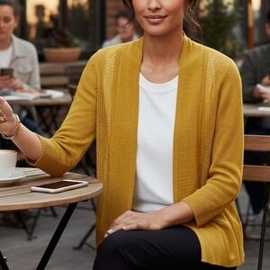 Alfani $59‎ Medium P Gold Yellow Mixed Stitch Open Front Linen Blend Cardigan